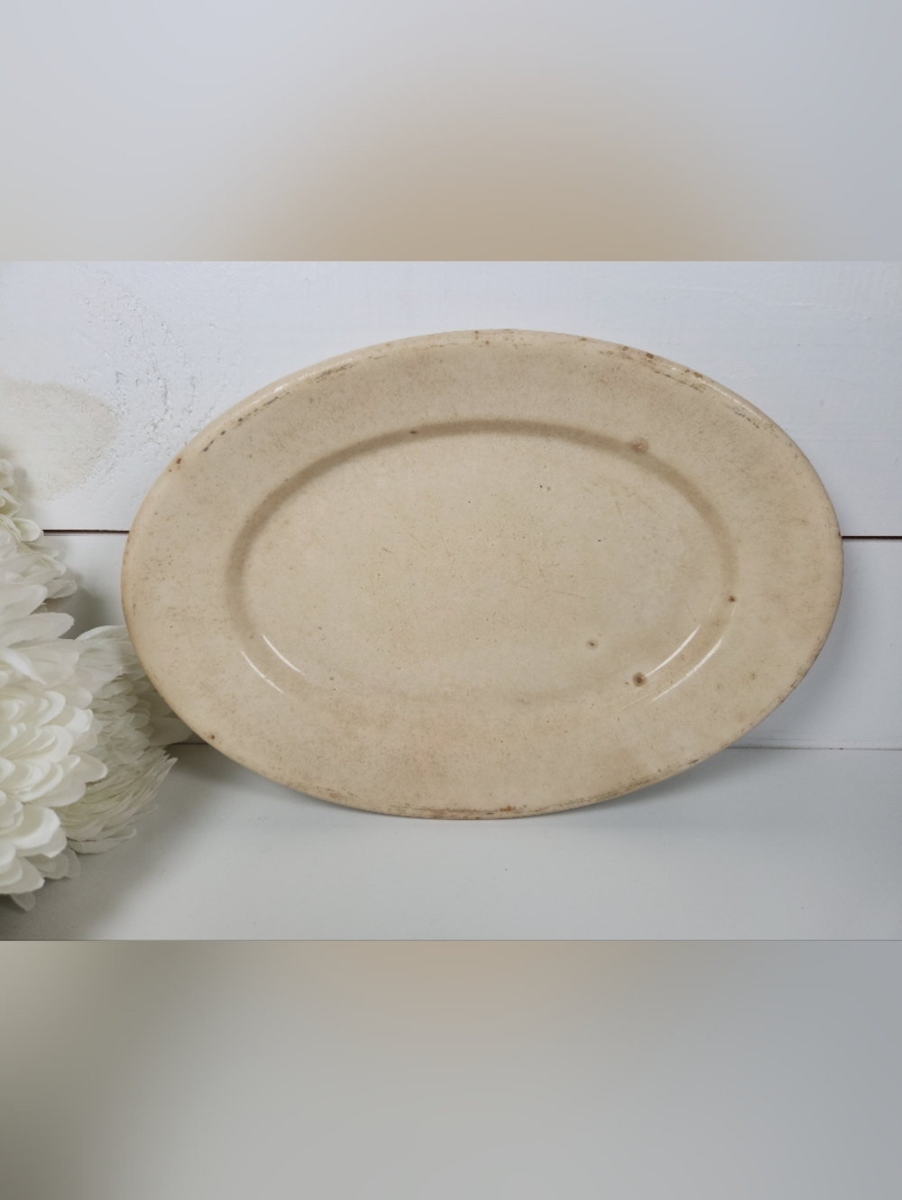 Antique KT&K Stained Oval Ironstone Platter 11.75"- Primitive Farmhouse, Shabby